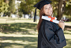 Graduation, university diploma and portrait of girl on campus with smile for success, award and achievement. Education, college and happy female graduate with certificate, degree and academy scroll