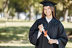 Graduation, education and portrait of student on campus with smile for success, award and achievement. University, college and happy female graduate with certificate, degree and academy diploma