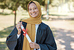 University graduation portrait of muslim woman with education certificate, scholarship success or college achievement. Islamic student or hijab person with scroll, diploma or award at outdoor campus