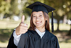 Education, graduation and portrait of girl with thumbs up on campus for success, award and certificate ceremony. University, college and happy female graduate with hand sign for goals and achievement