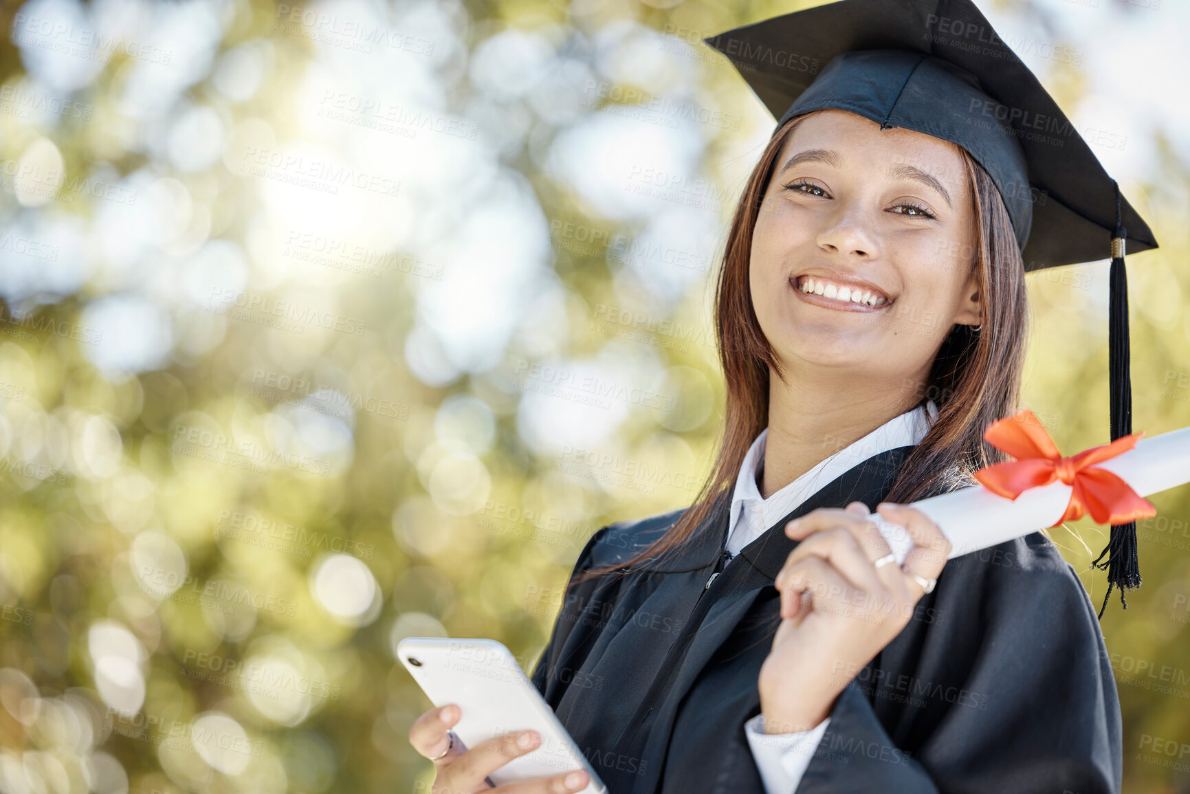 Buy stock photo Graduate, phone and portrait of girl with smile for success, goal and education achievement on campus. Graduation, college and happy university student on smartphone for certificate, degree and award