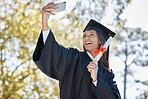 Selfie, smile and graduation of woman with certificate in university or college campus. Graduate, education scholarship and happy female student taking pictures to celebrate academic achievement.