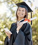 University, graduation and portrait of girl with smartphone on campus for success, award and achievement news. Education, college and graduate student with certificate, degree and texting on phone