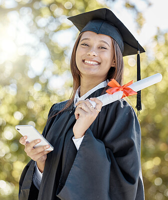 Buy stock photo University, graduation and portrait of girl with smartphone on campus for success, award and achievement news. Education, college and graduate student with certificate, degree and texting on phone