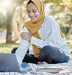 Student, muslim and woman with laptop in park for elearning, studying or knowledge research. Islamic college, education scholarship and happy female with computer for internet browsing in university.