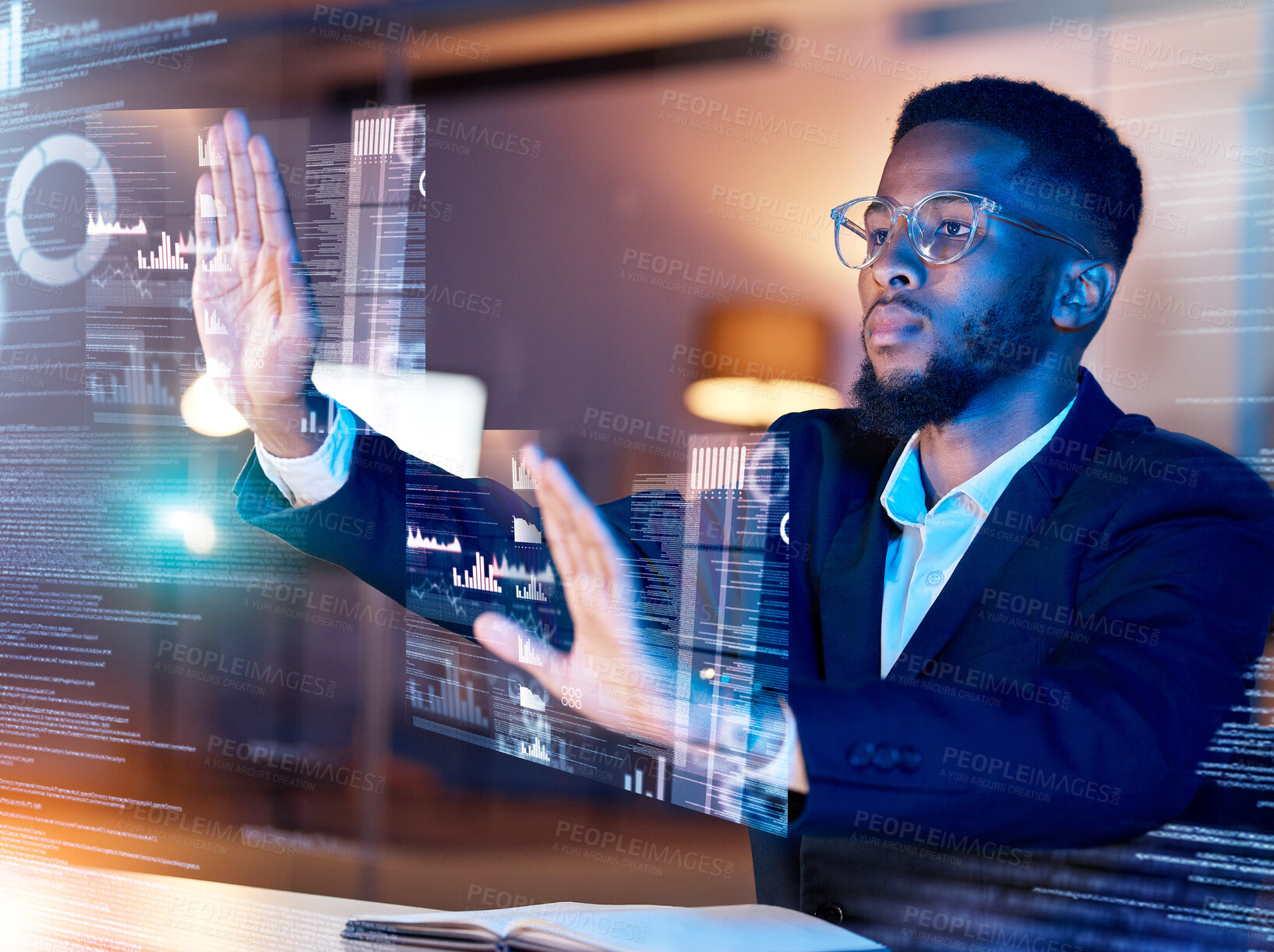 Buy stock photo Data hologram, global network and black man working on futuristic software in the dark. Finance database, virtual overlay and financial analytics work at night with a African male and focus at office