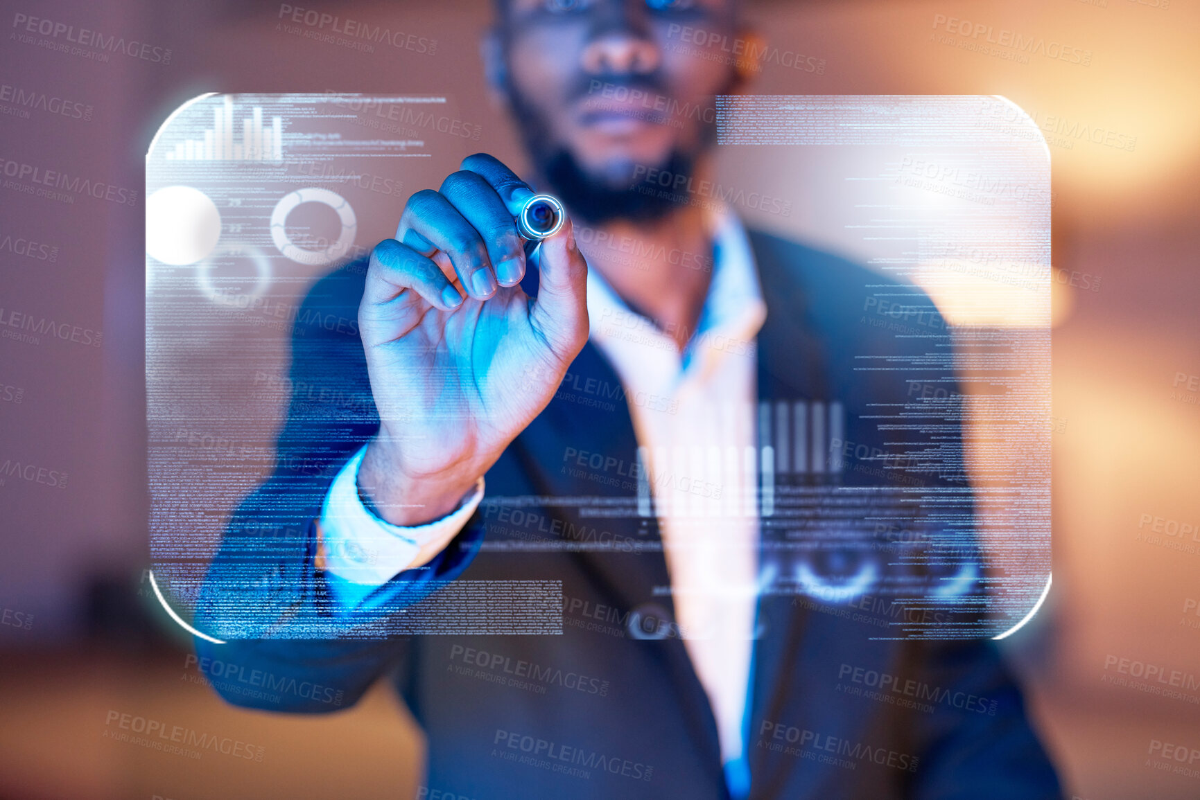 Buy stock photo Hologram, digital and touchscreen with hands of man for 3d interface, networking and cloud computing. Future, database and ui software with employee and overlay for technology, internet and graphic