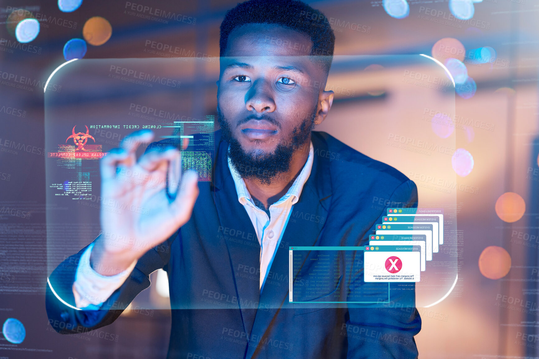 Buy stock photo Hologram, hacker and cyber security with touchscreen and black man for 3d interface, virus and malware. Future, database and ui software with male and overlay for digital, phishing and graphic