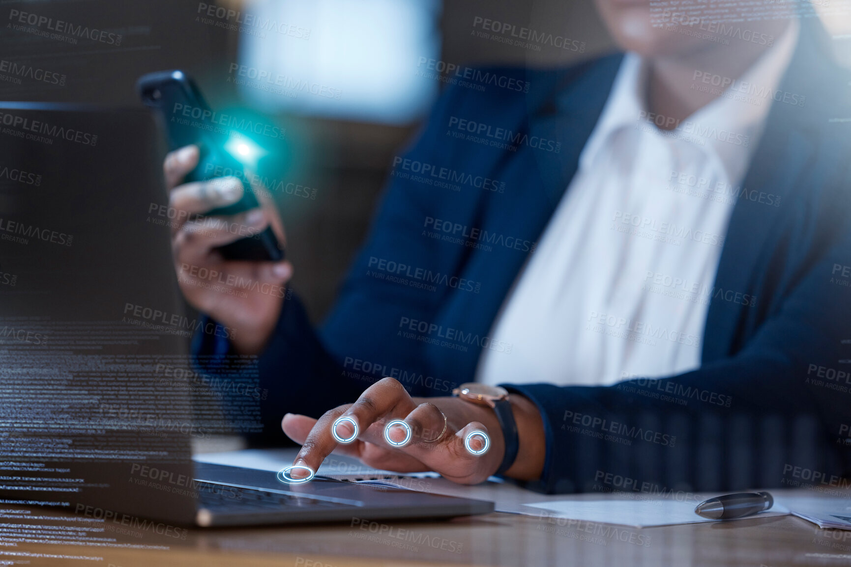 Buy stock photo Fingerprint, computer hologram and hands of woman typing on biometric software, cybersecurity or information technology. Laptop, code and business person with fingers overlay or holographic at night