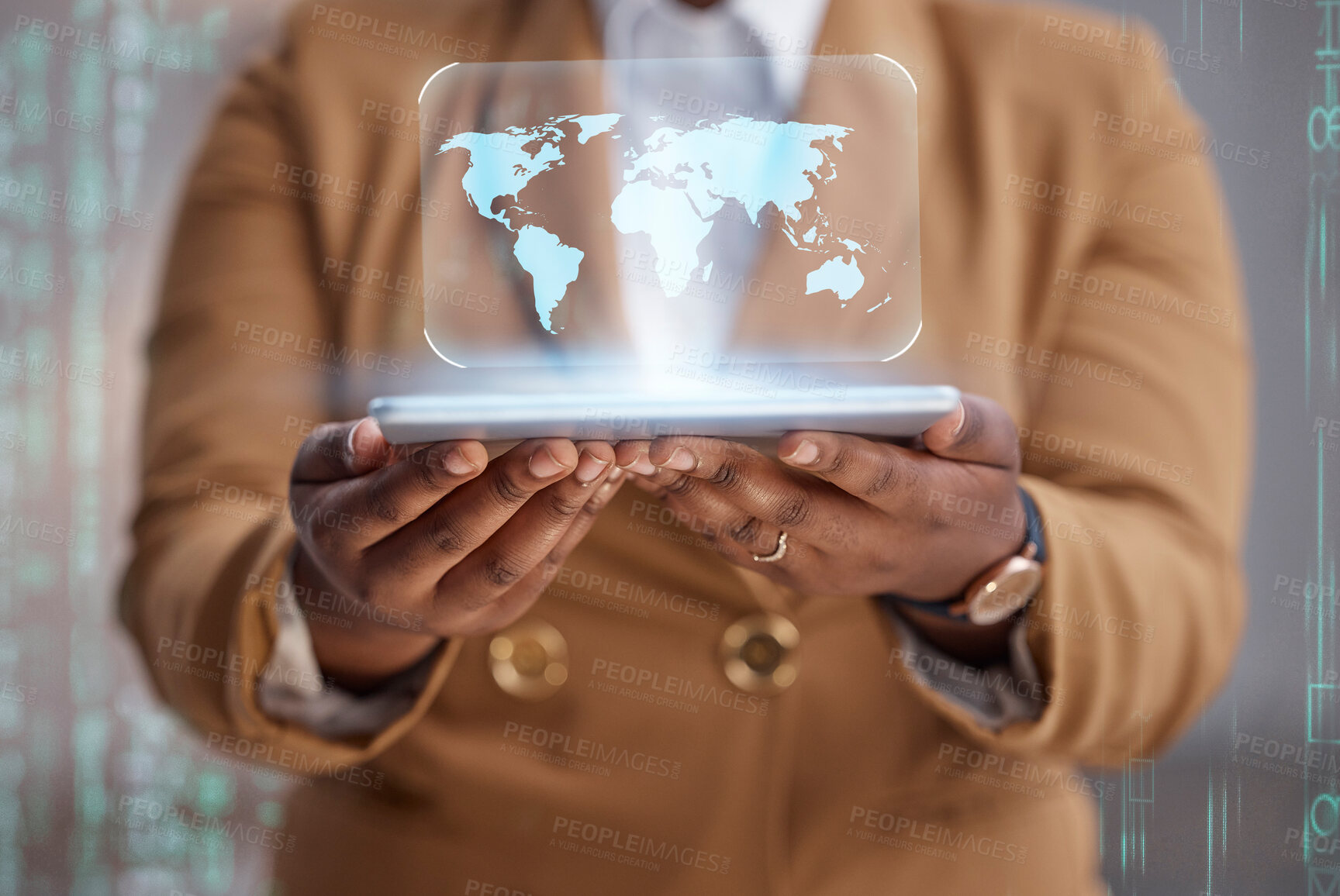 Buy stock photo Person hands, tablet and map hologram for worldwide connection, global data and cybersecurity software development. 3D holographic, digital world or planet of business woman in futuristic app overlay