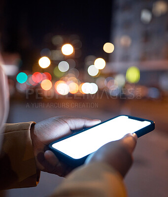 Buy stock photo Night, mockup and phone with hands of woman in city for contact, digital and communication. Browsing, text message and social media with girl and empty mobile screen for online app, technology and ui