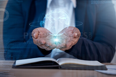 Buy stock photo Business woman palm with global hologram for worldwide connection, globe data and cybersecurity planning on notebook. Holographic, digital world and planet earth of person hands in futuristic overlay