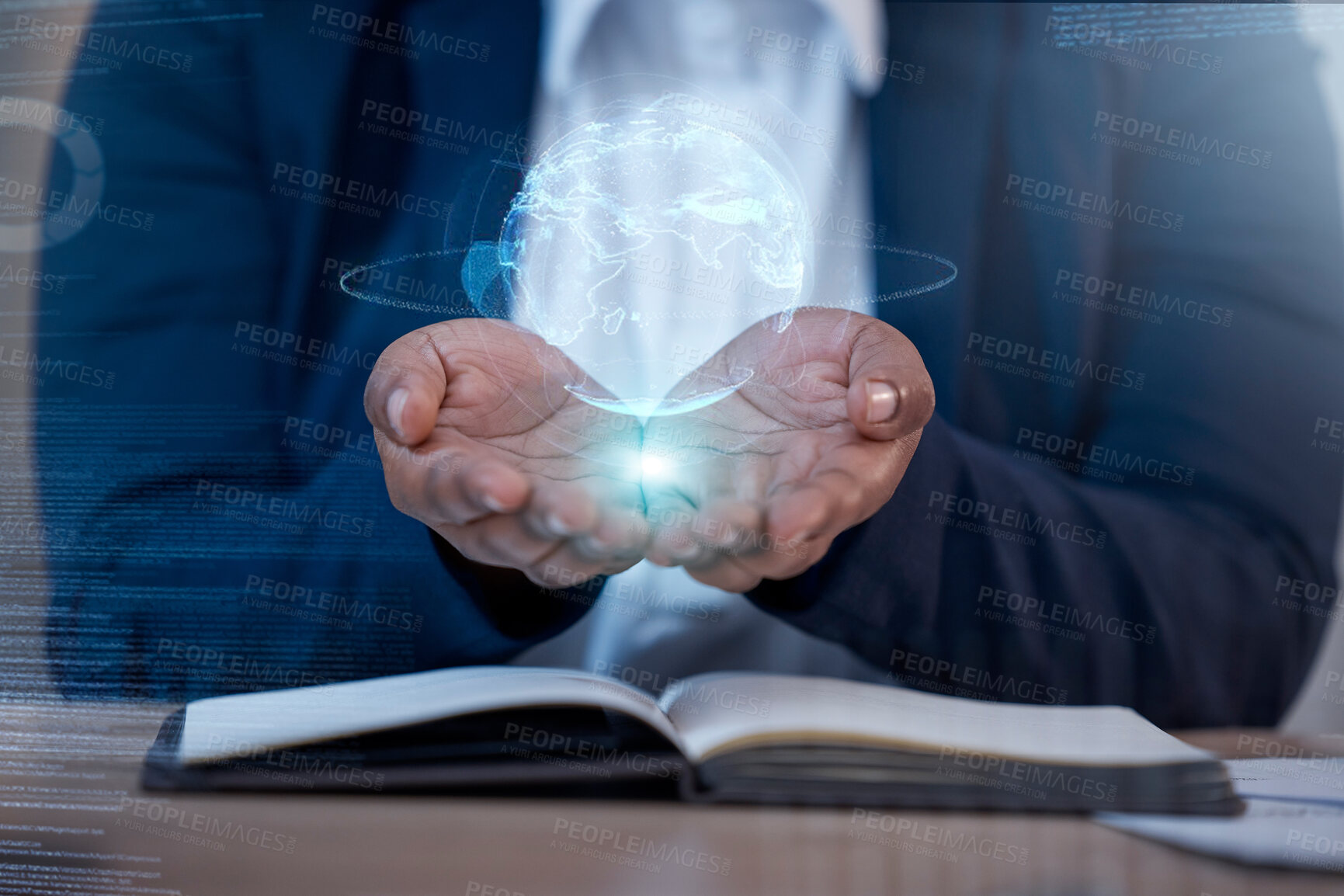 Buy stock photo Business woman palm with global hologram for worldwide connection, globe data and cybersecurity planning on notebook. Holographic, digital world and planet earth of person hands in futuristic overlay