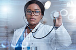 Overlay, digital and futuristic black woman doctor using technology for medicine in the metaverse with 3d hologram. Data, medical and innovation in a hospital with database using a stethoscope