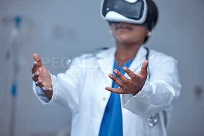 Buy stock photo VR, woman hands and medical doctor in metaverse, innovation and digital analysis. Healthcare, virtual reality and touch technology of future medicine, cyber consulting or futuristic hospital research