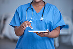 Black woman, hands and nurse in hospital with tablet for healthcare planning, wellness analysis or online test. Nursing closeup, digital technology and medical services for medicine, doctor or clinic