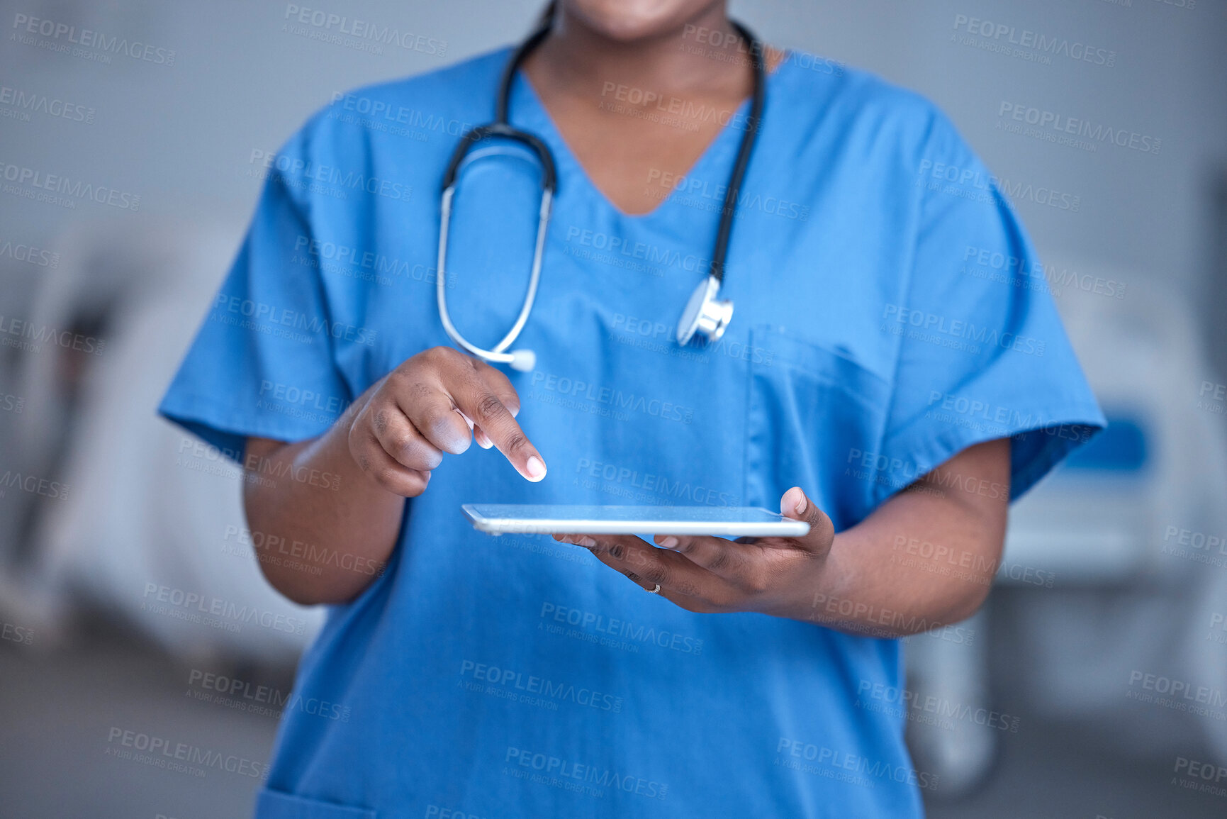 Buy stock photo Black woman, hands and nurse in hospital with tablet for healthcare planning, wellness analysis or online test. Nursing closeup, digital technology and medical services for medicine, doctor or clinic