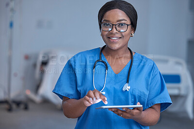 Buy stock photo Black woman, portrait and nurse in hospital with tablet for healthcare planning, wellness analysis or online test. Happy nursing, digital technology and medical services of medicine, doctor or clinic