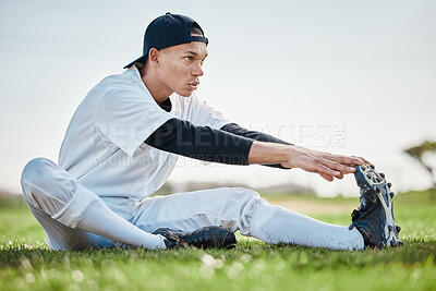 Buy stock photo Baseball stadium, stretching or sports man on field ready for training match on a pitch or grass in summer. Softball exercise, fitness workout or young player in warm up to start playing outdoors 