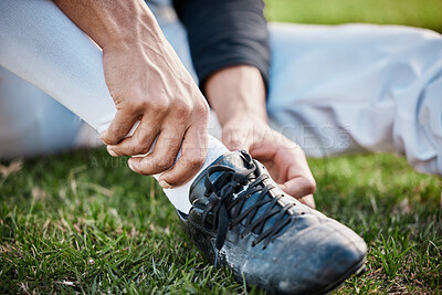 Buy stock photo Baseball player, shoes and joint pain, man with sport injury and emergency, first aid and injured ankle outdoor. Accident, muscle tension and hands, male on sports field and fitness with healthcare