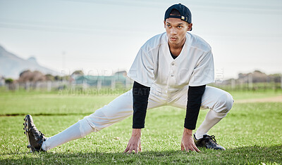 Buy stock photo Baseball, man and stretching on field, fitness and training for match, wellness and healthy lifestyle. Male athlete, player and guy stretch, exercise and practice for competition, park and balance