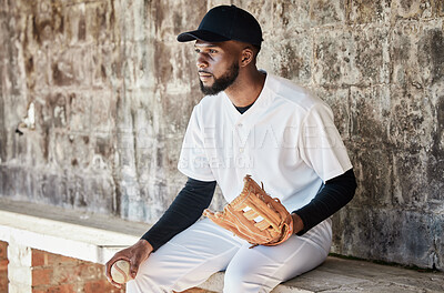 Buy stock photo Black man, baseball or catch glove on sports, stadium or arena bench for game, match or serious competition. Concentration, athlete or softball player mitten for fitness, workout or exercise training