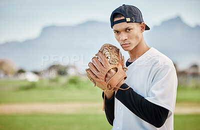 Portrait pitcher, baseball player or man training for a sports game on outdoor field stadium. Fitness, motivation or focused athlete pitching or throwing a ball with a glove in workout or exercise