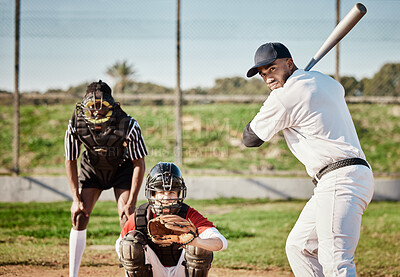 Baseball, bat and catch with a sports man outdoor, playing a competitive game during summer. Fitness, health and exercise with a male athlete or player training on a field for sport or recreation