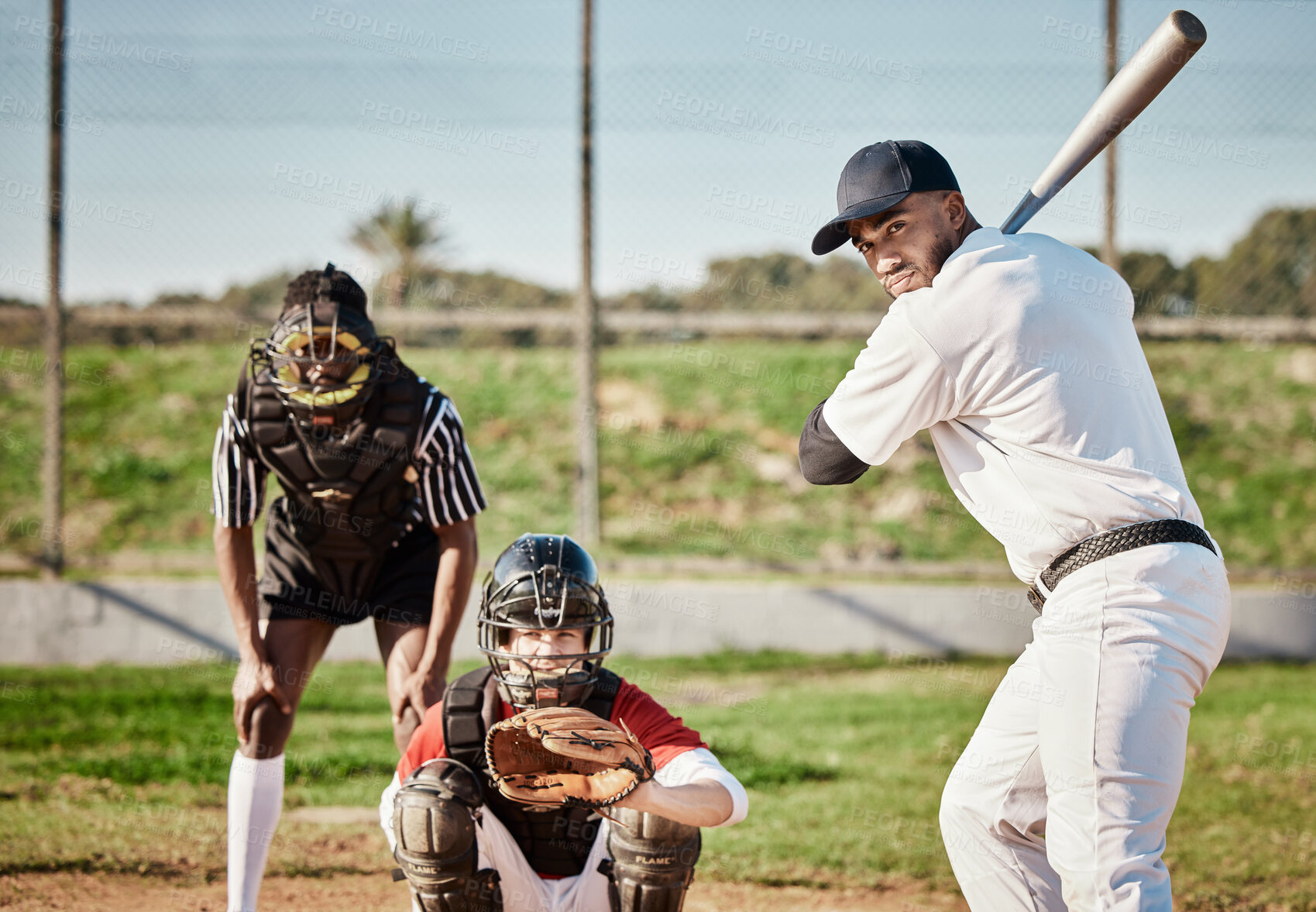 Buy stock photo Baseball, bat and catch with a sports man outdoor, playing a competitive game during summer. Fitness, health and exercise with a male athlete or player training on a field for sport or recreation