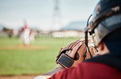 Buy stock photo Baseball, mockup and catch with a sports man on a field during a game for competition during summer. Fitness, training and mock up with a male athlete playing a match for sport or at practice