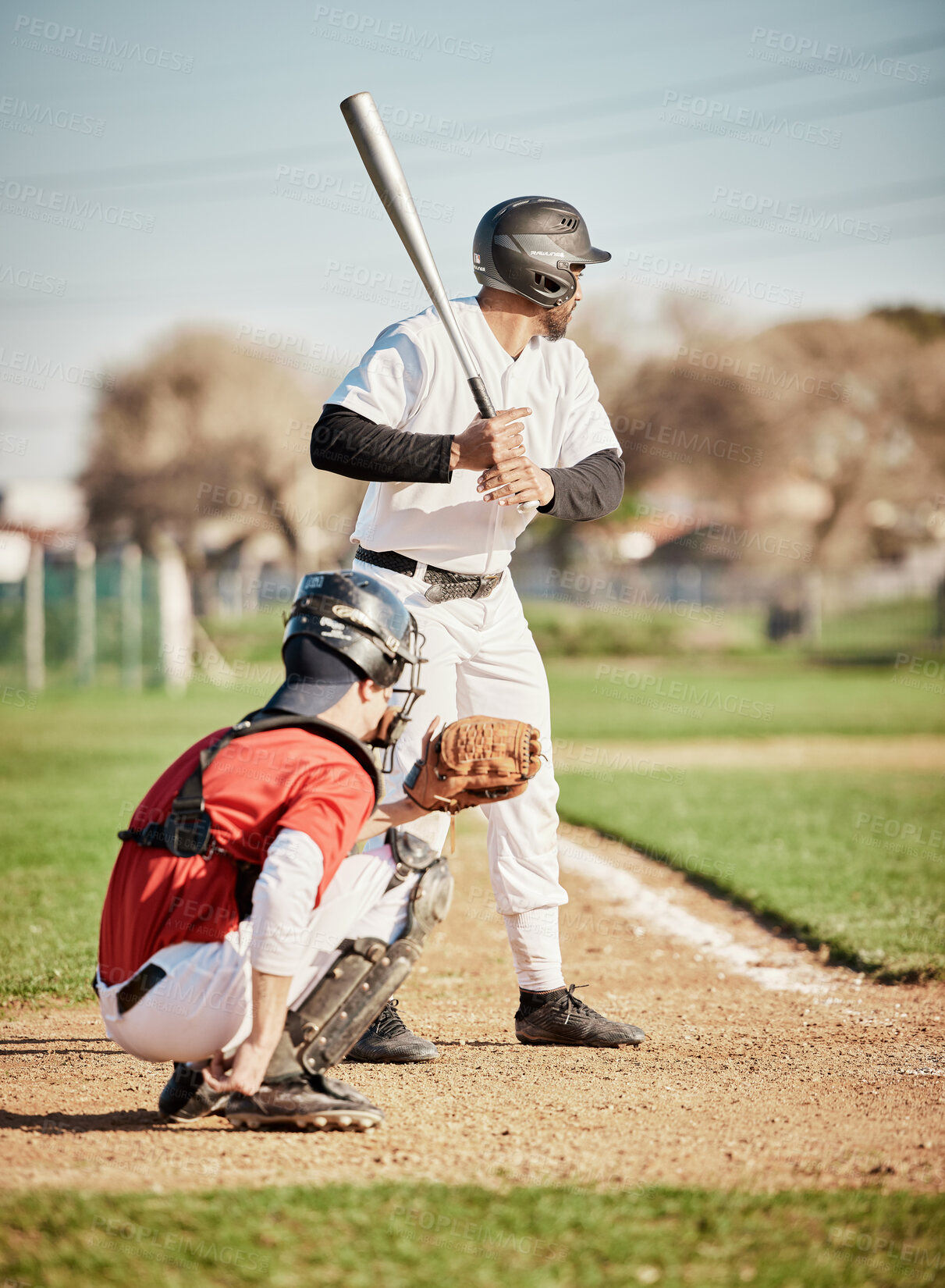 Buy stock photo Baseball, bat and focus with a sports man outdoor, playing a competitive game during summer. Fitness, health and exercise with a male athlete or player training on a field for sport or recreation