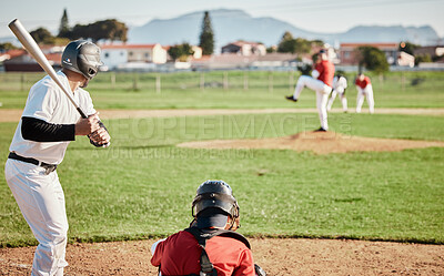 Buy stock photo Baseball, bat and mockup with a sports man outdoor, playing a competitive game during summer. Fitness, health and exercise with a male athlete or player training on a field for sport or recreation