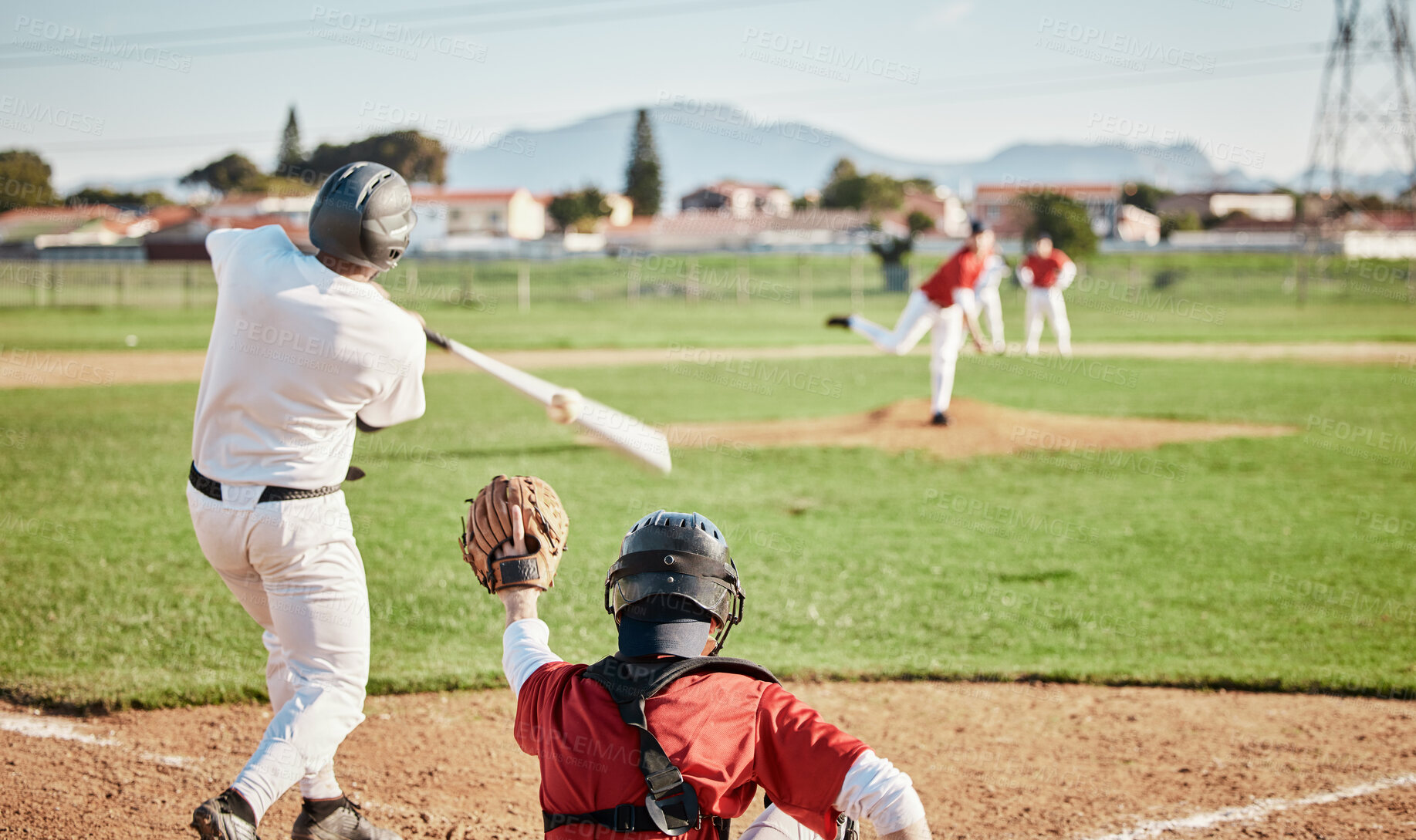 Buy stock photo Baseball, bat and strike with a sports man outdoor, playing a competitive game during summer. Fitness, health and exercise with a male athlete or player training on a pitch for sport or recreation