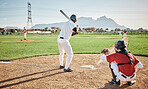 Baseball batter, game or sports man on field at competition, training match on a stadium pitch. Softball exercise, fitness workout or back view of players playing outdoors on grass field in summer 