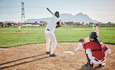 Buy stock photo Baseball batter, game or sports man on field at competition, training match on a stadium pitch. Softball exercise, fitness workout or back view of players playing outdoors on grass field in summer 