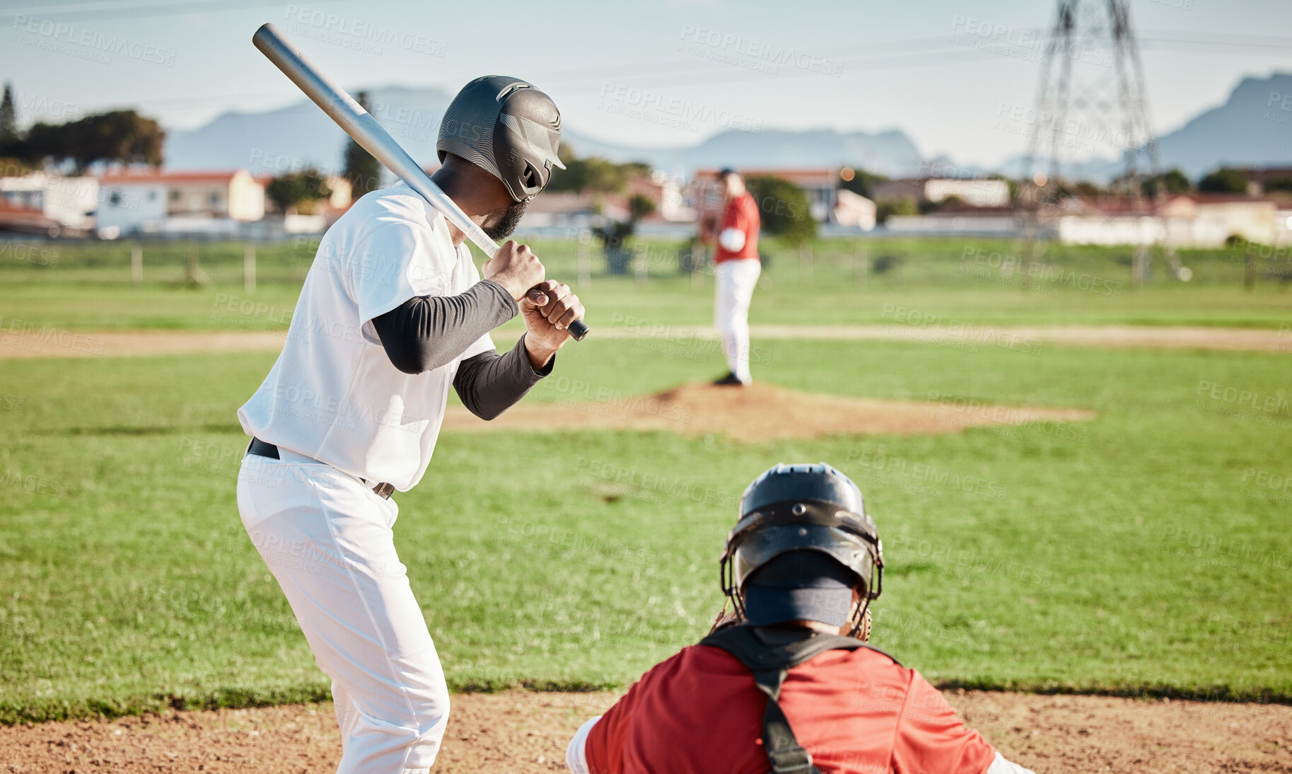 Buy stock photo Baseball, bat and ready with a sports man outdoor, playing a competitive game during summer. Fitness, health and exercise with a male athlete or player training on a field for sport or recreation