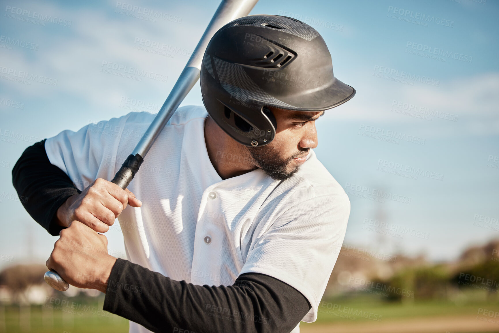 Buy stock photo Baseball, bat and serious with a sports man outdoor, playing a competitive game during summer. Fitness, health and exercise with a male athlete or player training on a field for sport or recreation