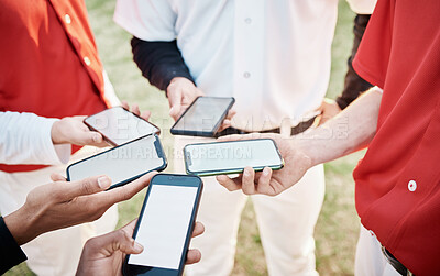 Buy stock photo Hands, phone and baseball with a team networking outdoor on a sport field for strategy or tactics before a game. Teamwork, fitness and communication with a group of people sharing sports information