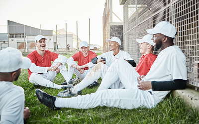 Buy stock photo Baseball team, sport conversation and men talking on a stadium field with sports break. Diversity, softball group and friends with happiness and laughing outdoor before fitness, exercise and game