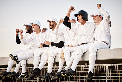 Buy stock photo Baseball, team and winner with fist pump and happy men, athlete group and fitness collaboration with achievement. Teamwork, success and sports with excited male players outdoor, winning and champion