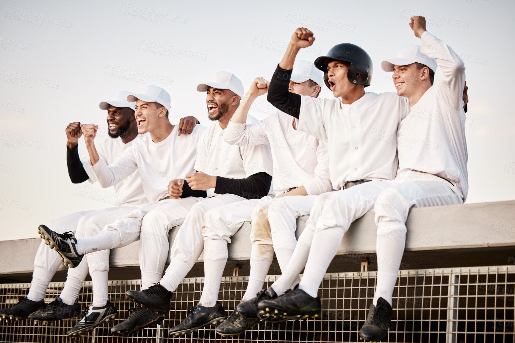 Buy stock photo Baseball, team and winner with fist pump and happy men, athlete group and fitness collaboration with achievement. Teamwork, success and sports with excited male players outdoor, winning and champion