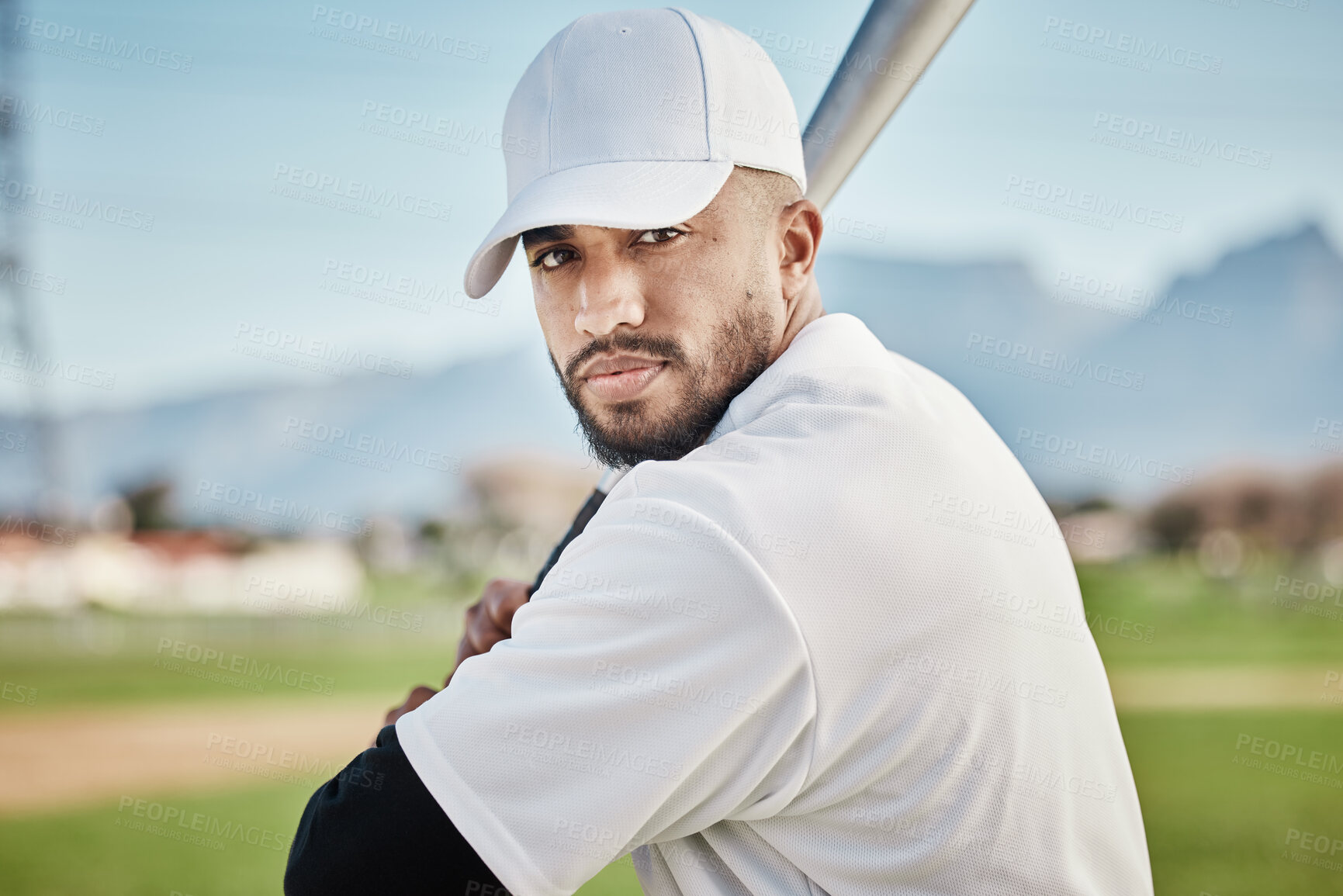 Buy stock photo Baseball batter, portrait or face of man in a game competition, training match on stadium pitch. Softball exercise, fitness workout or serious player playing on field in summer with focused mindset