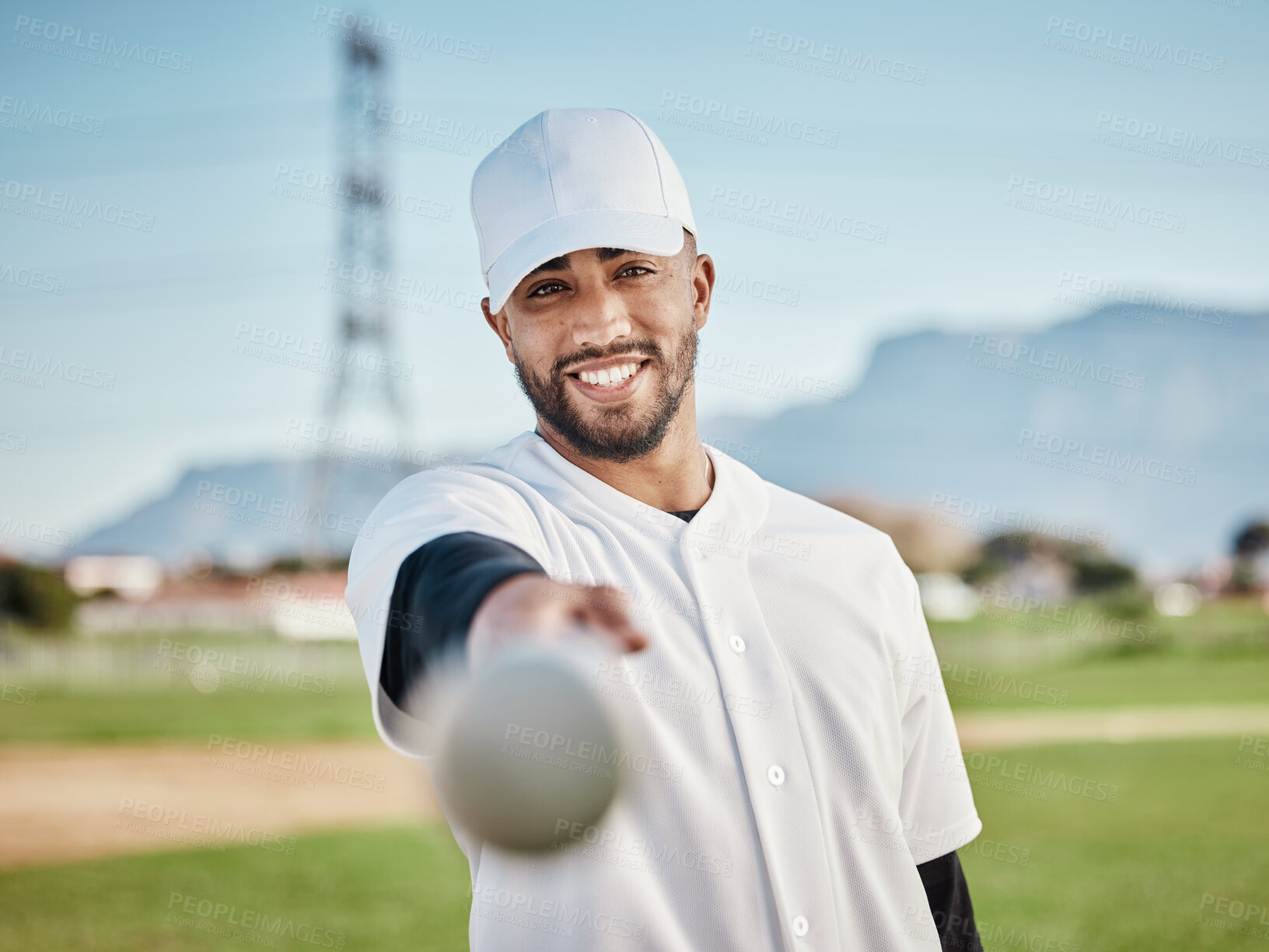 Buy stock photo Man, bat or baseball player portrait on field, sports grass or arena grounds for game, match or competition workout. Smile, happy or softball athlete in fitness, pitcher exercise or training stadium