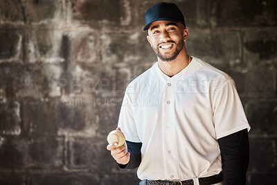 Buy stock photo Sports, baseball and portrait of man with ball, smile and ready for game, match and practice in stadium. Softball mockup, motivation and happy player in dugout for training, exercise and competition