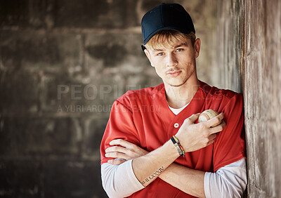 Buy stock photo Ball, baseball and serious portrait of man with ball ready for game, match and practice in stadium. Softball mockup space, sports and male player in dugout for training, exercise and competition