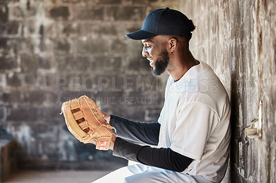 Buy stock photo Stadium, baseball and black man with ball, glove and ready for game, match and practice in dugout. Softball mockup, motivation and happy player prepare for training, exercise and sports competition