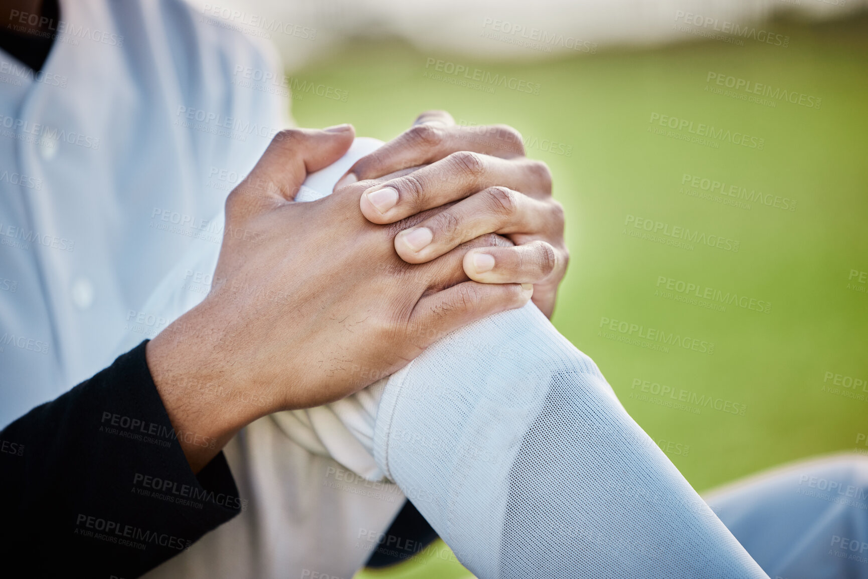 Buy stock photo Baseball, pain and hands with knee injury on field after accident, fall or workout in match. Sports, training and player man with fibromyalgia, inflammation or broken leg, arthritis or tendinitis.