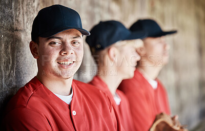 Buy stock photo Happy baseball player portrait, bench or sports man on field at competition, training match on a stadium pitch. Softball workout exercise, face or players playing a game in team dugout in summer  