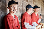 Baseball player portrait, bench or happy man in a game, competition or training match on a stadium pitch. Softball workout exercise, funny face or players laughing or playing a game in team dugout  