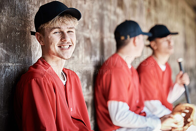 Buy stock photo Baseball player portrait, bench or happy man in a game, competition or training match on a stadium pitch. Softball workout exercise, funny face or players laughing or playing a game in team dugout  